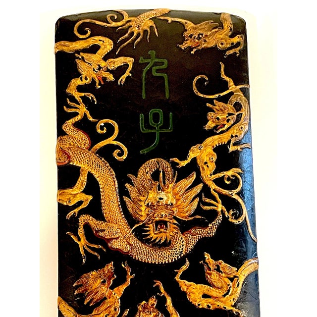 19th C. Chinese Lacquered & Polychromed Scholars Block/Paperweight & Custom Box For Sale - Image 10 of 12