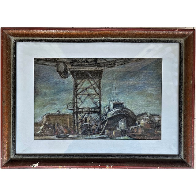 Original pastel on paper depicting a shipyard / maritime construction scene, signed ‘C. Bogdan’ (see close-up photos)....