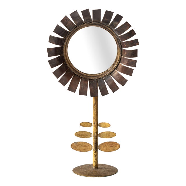 Mid-Century French Brass and Copper Sunflower Table Mirror by Jean Vinay, 1960s For Sale