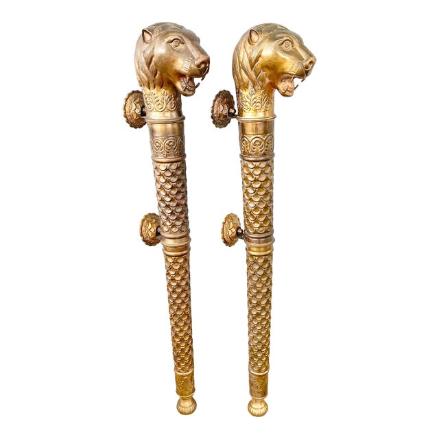 Monumental Brass Lion Repousse Door Handles- A Pair For Sale