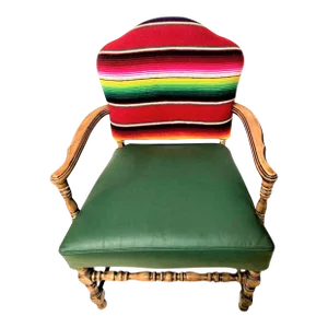 Early 20th Century Spanish Revival Arm Chair With of Colorful Sarape and Italian Leather Upholstery