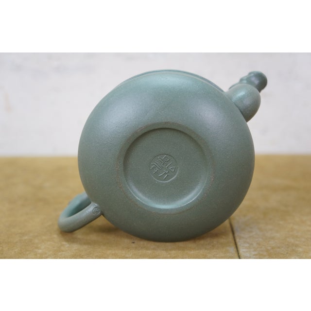 Vintage Chinese Yixing Zisha Green Clay Dragon Koi Fish Kung Fu Teapot 5.5" For Sale - Image 13 of 15