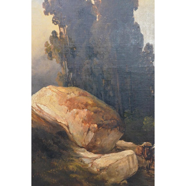 Textile Antique Romantic Landscape Oil Painting With Figures and Rocky Scenery For Sale - Image 7 of 11