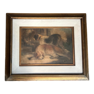 18th Century Original “Setters” Dog Engraving in Vintage Frame