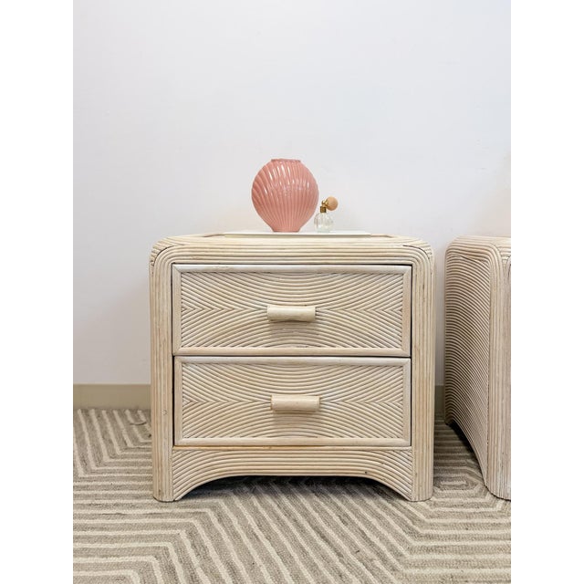 Mid 20th Century Pair of Vintage Pencil Reed Rattan Nightstand Coastal Hollywood Regency Tables For Sale - Image 5 of 11