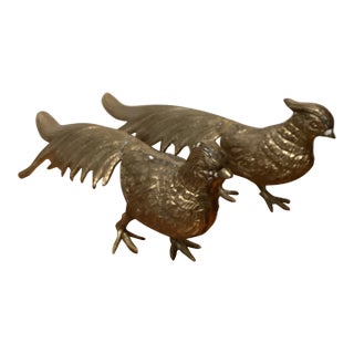 Vintage Mid 20th Century Large Solid Brass Male & Female Pheasant/Peacock Bird Figurines, Japan - a Pair For Sale