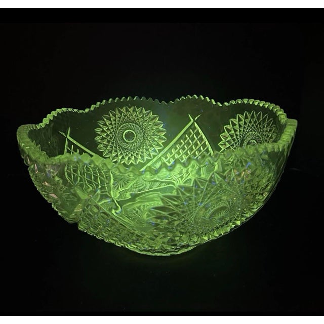 Antique Early American Brilliant Pressed Glass 14" Master Punch Serving Bowl Heavy 10lb With Manganese Glow For Sale - Image 10 of 12