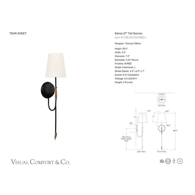 Thomas O'Brien for Visual Comfort Signature Kairos 27" Tail Sconce in Aged Iron and Roman Bronze with Linen Shade For Sale - Image 9 of 10