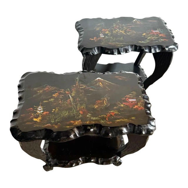 Chinese Black Lacquered and Hand Painted With Mother of Pearl Inlay Side Tables - a Pair For Sale