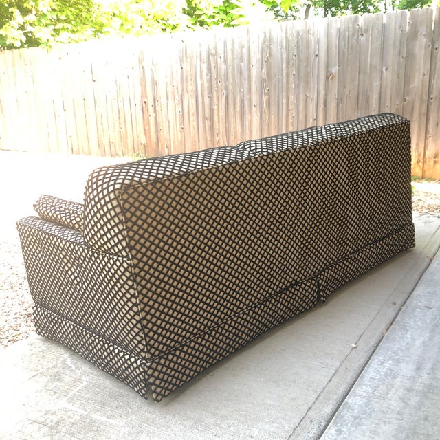 Vintage Flexsteel 3-cushion sofa with cool upholstery checkered with applied black velvet lines forming a checkered...