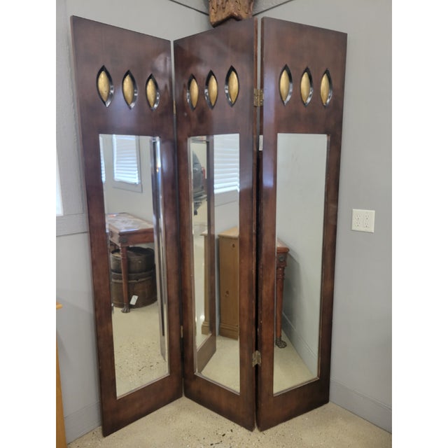 Vintage Mahogany Parcel-Gilt and Mirrored Three Panel Floor Screen For Sale - Image 10 of 10