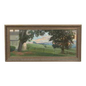1990s "Farm House Landscape" Oil on Linen Painting by Dori Spector