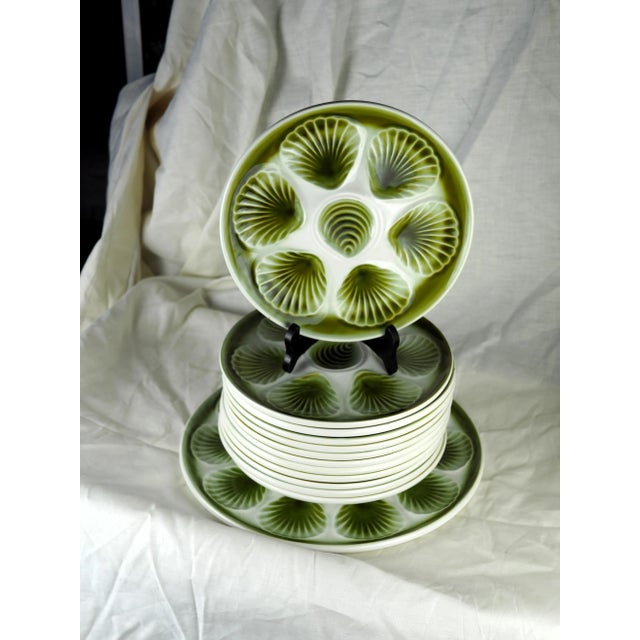 Green Mid-Century French Orchies Green Pastel Majolica Oyster Dishes and Plates - Set of 13 For Sale - Image 8 of 11