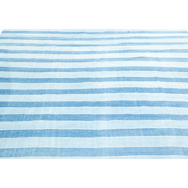 Mid-Century Modern Doris Leslie Blau Vintage Indian Dhurrie Striped Blue Rug For Sale - Image 3 of 9