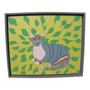 Late 20th Century Whimsical Folk Art Colorful Painting of a Cat, Framed
