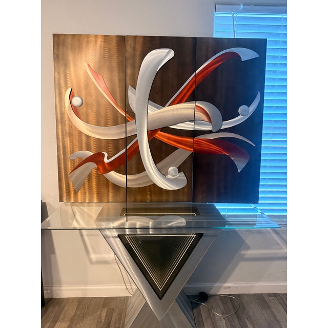 Metal 1980s Postmodern Nova Lighting "Vortex" Infinity Console Table & Matching Wall Mirror Set by Jon Gilmore - 2 Piece Statement Set For Sale - Image 7 of 8