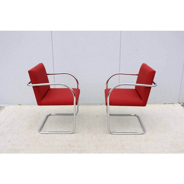 Red MCM Ludwig Mies Van Der Rohe Brno Tubular Chairs in Red Fabric by Gordon, a Pair For Sale - Image 8 of 18