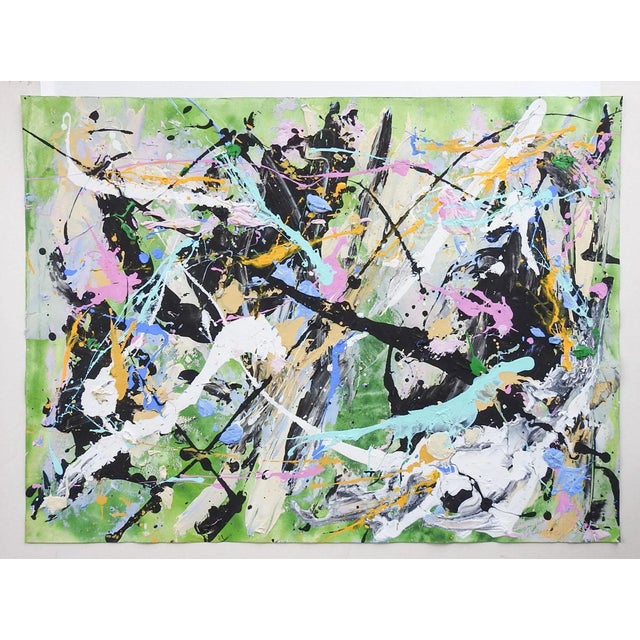 Contemporary Abstract Style of Jackson Pollock Painting on Paper in Green Pink White Black For Sale - Image 3 of 3