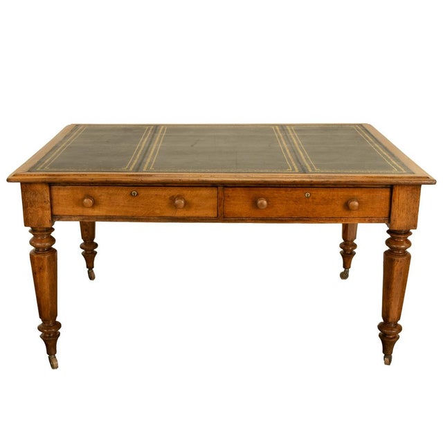Victorian Antique English Oak & Leather Top Double-Sided Library Table Partner's Desk 1860 For Sale - Image 3 of 13