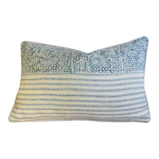 English Hand-Printed Teal & Cream Feather/Down Pillow For Sale