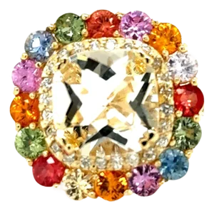 8.12 Carat Citrine Multi-Color Sapphire Diamond Yellow Gold Cocktail Ring, Size 7