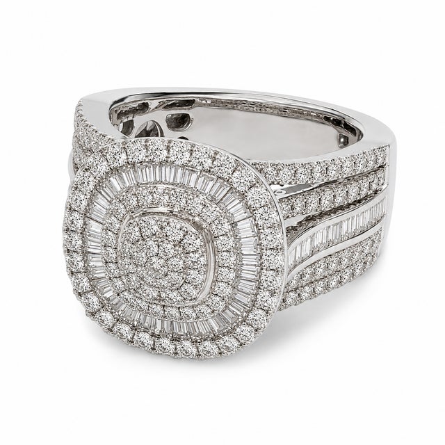 Bold and geometric, this 10K White Gold designer ring combines round and baguette-cut natural diamonds in a square-shaped...