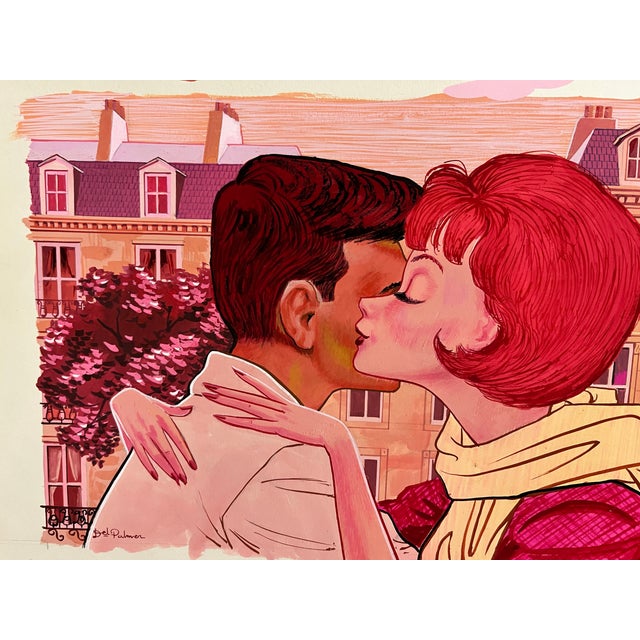Mid-Century Modern 1950s Mid-Century Paris Lovers Original Painting For Sale - Image 3 of 4
