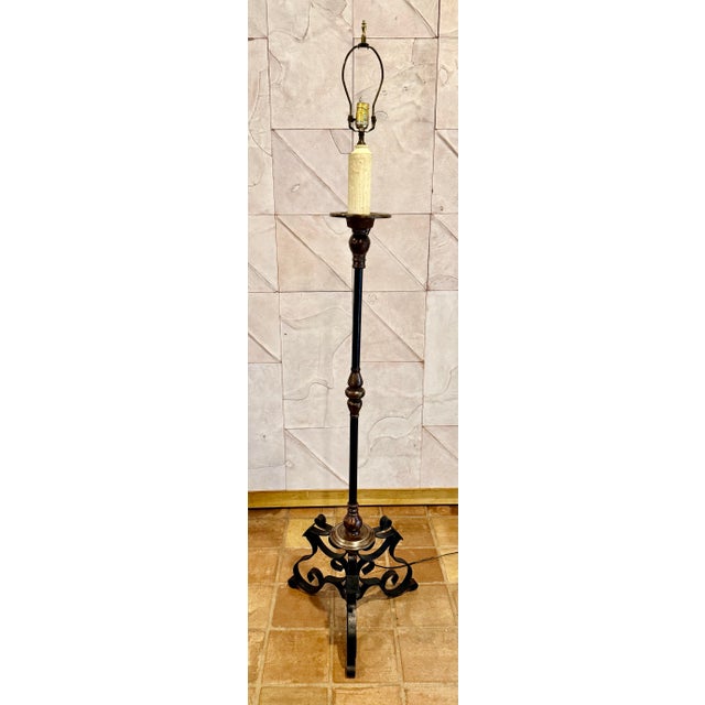 1940’s Heavy Vintage Spanish Revival Tripod Floor Lamp With Ornate, Hand-Forged Wrought Iron & Bronze Scrollwork For Sale - Image 9 of 12