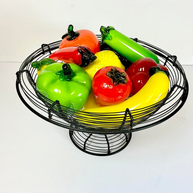 Mid-Century Italian Venetian Glass Fruit & Vegetables in Wire Bowl Murano Attributed - Set of 13 For Sale - Image 6 of 13