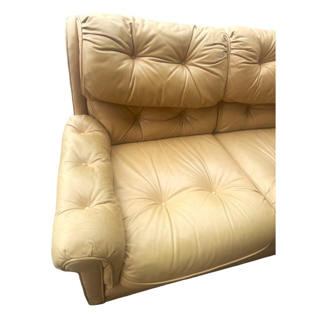 Modern Vintage Leather Tufted Sofa Made in Hickory, North Carolina - Light Tan Color - Late 20th Century For Sale - Image 3 of 5