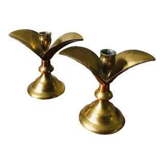 Mid Century Modern Tulip Brass Candle Sticks - Pair For Sale