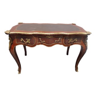 Vintage French Louis XV Bureau Plat Writing Desk Ornate Brass Ormolu Leather Top For Sale