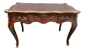 Vintage French Louis XV Bureau Plat Writing Desk Ornate Brass Ormolu Leather Top