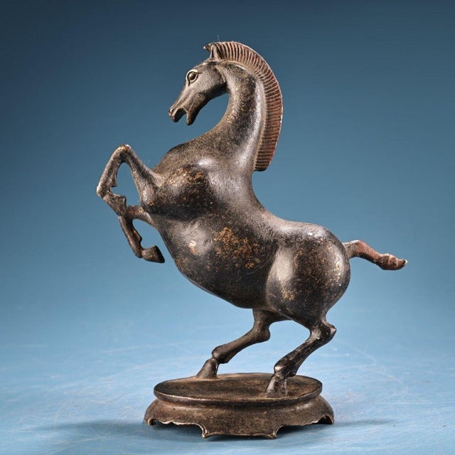 Chinese Antique Chinese Bronze Rearing Horse Sculpture on Cloud Base For Sale - Image 3 of 9