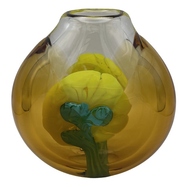 Vintage Art Glass Vase in Yellow and Turquoise by Jiri Suhajek for Moser Karlsbad, 1970 For Sale