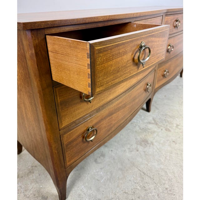 Brown Mid 20th Century Baker Furniture Walnut /Satinwood Bow Front Long Dresser Chest of Drawers For Sale - Image 8 of 12