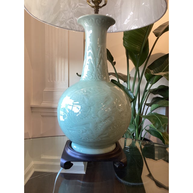 Wood Late 20th Century Celadon Embossed Dragon Porcelain Table Lamp, Newly Rewired With Custom Linen Drum Shade For Sale - Image 7 of 7