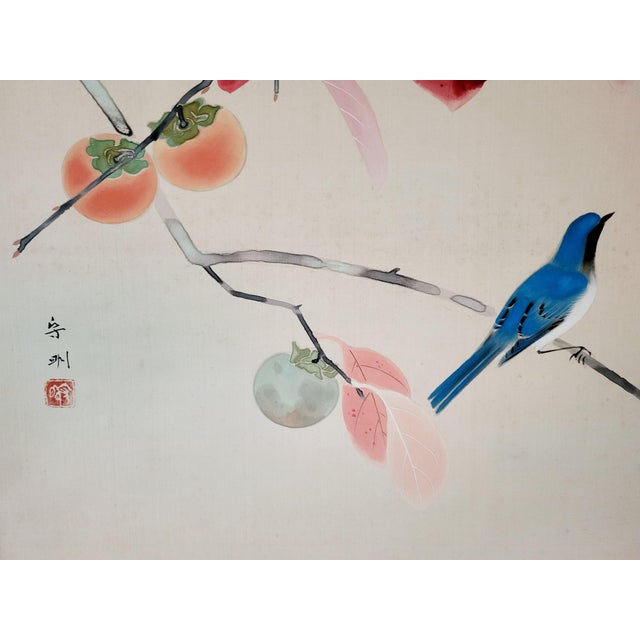 Early 20th Century Japanese Hanging Scroll by Mori Shumei “Bird and Persimmon Tree” – Kakemono of Late Meiji – Early Showa Period With Wood Storage Box For Sale - Image 5 of 7