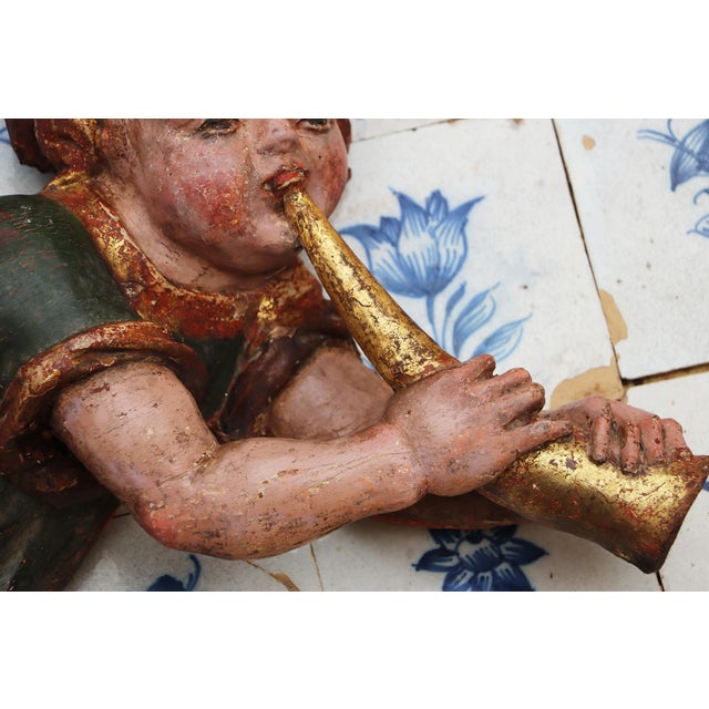 Green Antique Cherub Musician Playing a Golden Bugle, 18th Century, Portuguese For Sale - Image 8 of 14