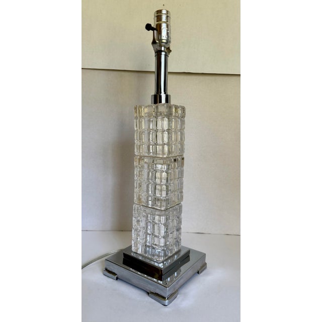 Vintage Art Deco Style Architectural Cubed Glass & Chrome Table Lamp For Sale - Image 4 of 12