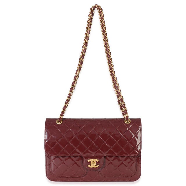 Red 25B Burgundy Quilted Patent Double Pocket Flap Bag For Sale - Image 8 of 9