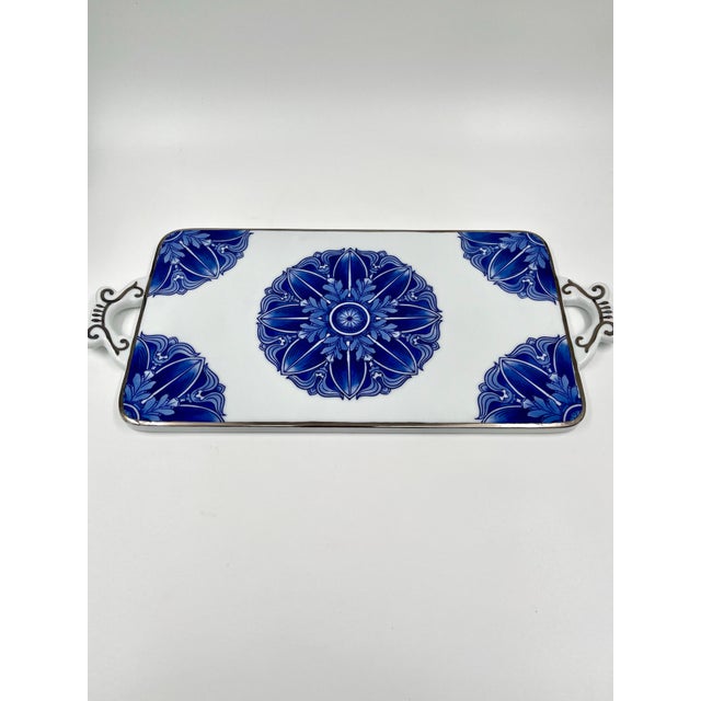 Vintage Chinoiserie Blue and White Ceramic Tray Serving Platter Bombay Company For Sale - Image 10 of 11