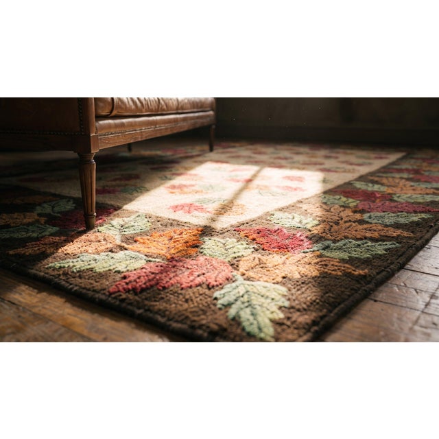 Ivory 1900s Ivory Brown Foliate Antique American Hooked Rug 6' 0'' X 8' 10'' Handknotted Wool Carpet For Sale - Image 8 of 9