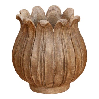 Large Carved Brown Marble Lotus Bowl For Sale