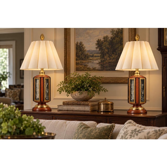 Mid 20th Century Mid 20th Century Hollywood Regency Wood, Brass & Etched Glass Lantern Table Lamps - Pair For Sale - Image 5 of 8