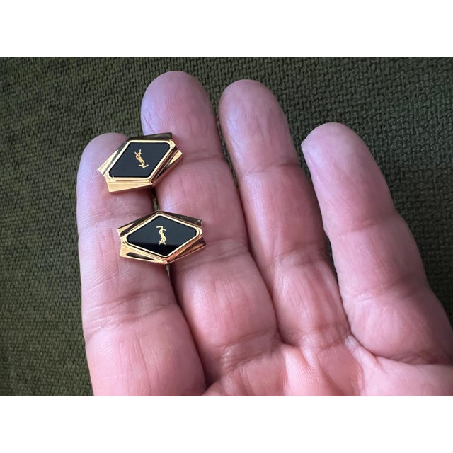 Metal Rare YVES SAINT LAURENT "YSL" Gold Plate Cufflinks In Original Blue Velvet Case For Sale - Image 7 of 18
