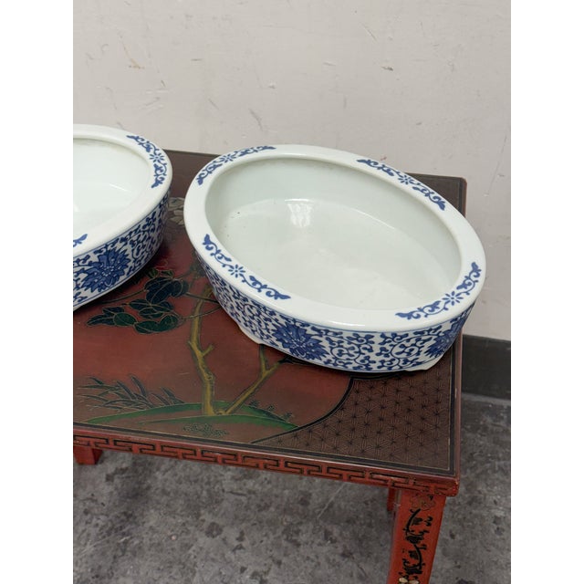 Late 20th Century Blue + White Chinoiserie Vintage Ceramic Oval Planters, Pair For Sale - Image 5 of 12