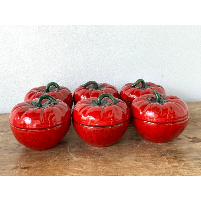 Mid 20th Century Vintage 1960s Italian Glazed Ceramic Tomato Lidded Bowls - Set of 6 For Sale - Image 5 of 11