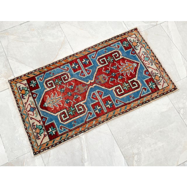 Distressed Low Pile Oushak Yastik Petite Rug Low Pile Faded Colors Mat - 19'' X 36'' For Sale - Image 6 of 9