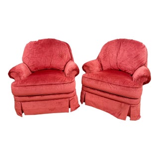 Pair of Red Velvet Upholstered Swivel Chairs Rockers by Ethan Allen For Sale